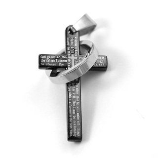 New Black Stainless Steel The Serenity Prayer Cross Design Ring Link Pendant With English Scripture & Free Chain   Length 23.6" + UK Shipped Within 24hrs Of Order Placed + Gift Packaging Included Jewelry