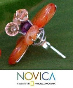 'Honey Flower' Carnelian Button Earrings (Thailand) Novica Earrings