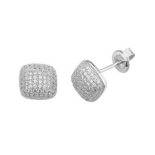 .925 Rhodium Plated Sterling Silver 9.4mm Diameter Micro Pave Cubic Zirconia Square Design Fashion Push Back Earrings Stud Earrings Jewelry