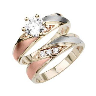 14K Tri color Gold Round Top Quality Shines CZ Cubic Zirconia Solitaire Ladies Engagement Ring and Wedding Band 2 Piece Set Jewelry