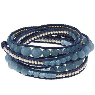 Silvertone and Blue Waxed Cotton Simulated Blue Topaz Wrap Bracelet Gemstone Bracelets