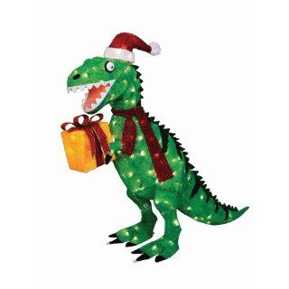 KNLSTORE 42"h Cute Christmas Holiday Green Tinsel Tyrannosaurus T Rex Red Santa Hat Gift Box Present Lighted Dinosaur Outdoor Yard Decor Clear Lights Festive Fun Decoration  Other Products  