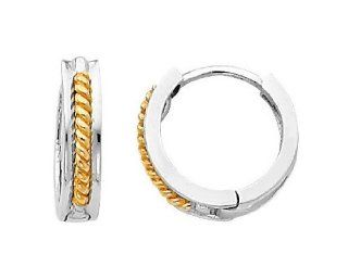 14k Two Tone 2.5mm Thickness Small Square Huggies with Twisted Rope (0.4" or 11mm) Hoop Earrings Jewelry