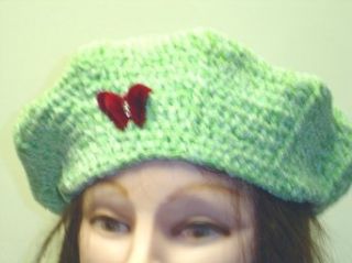 B122, Hand Crocheted Lime Green Chenille and Gimp Tweed Beret with One Rhinestone Butterfly for Women and Teens