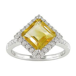 14k White Gold Square Citrine and Diamond Ring Gemstone Rings