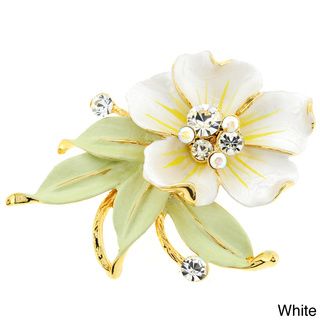 Goldtone Clear Crystal White Flower and Green Leaf Brooch Brooches & Pins