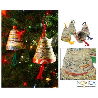 Set of 4 Recycled Paper 'Bells of Hope and Joy' Ornaments (Guatemala) Novica Seasonal Decor