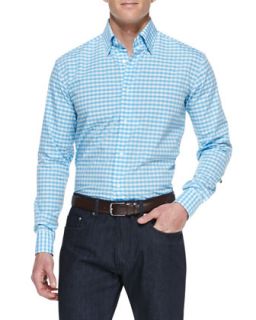 Mens Check Cotton Shirt, Blue/White Pattern   Brioni   White pattern (LARGE)