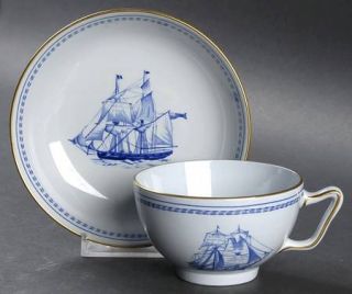 Spode Trade Winds Blue Canton Shape Footed Cup & Saucer Set, Fine China Dinnerwa