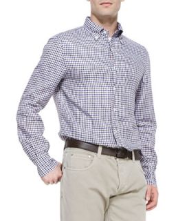 Mens Tattersall Linen Shirt, Blue/Brown   Isaia   Multi (45)