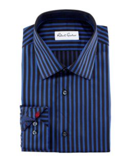 Mens Carter Herringbone Stripe Dress Shirt, Blue/Back   Robert Graham  