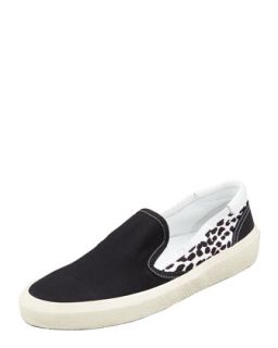 Solid/Leopard Canvas Slip On Sneaker, Black/White   Saint Laurent   Black/White