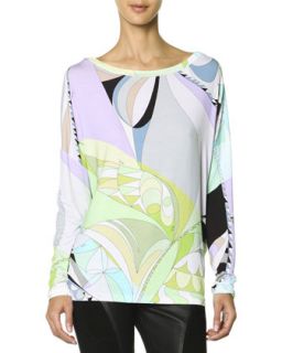 Womens Long Sleeve Boat Neck Printed T Shirt, Multicolor   Emilio Pucci  