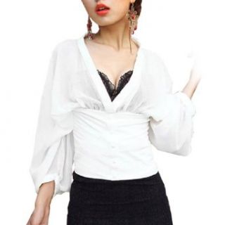 Woman See Through Deep V Neck Bishop Sleeve Blouse Top White XS