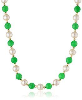 14k Yellow Gold Dyed Green Jadeite and Freshwater Cultured Pearl Strand Necklace, 18" Jewelry