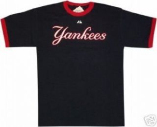 New York Yankees Navy Majestic Cursive Logo Ringer Shirt Clothing