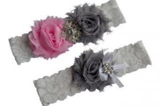 Gray Pink Wedding Bridal Garter Set Lace Keepsake Toss Custom Handmade (White Lace)
