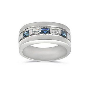 Men's Diamond Ring   Alternating Diamond and Sapphire Men's Ring in 18k White Gold (.20 dia / .55 sap ct. tw. / G Color / VS1 VS2 Clarity) CleverEve Jewelry
