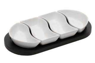 Premier Housewares Wavy Dip Schlchen aus Porzellan mit mattschwarzem Tablett wei 4 teiliges Set Küche & Haushalt