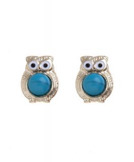 Gold and Turquoise Stone Owl Stud Earrings