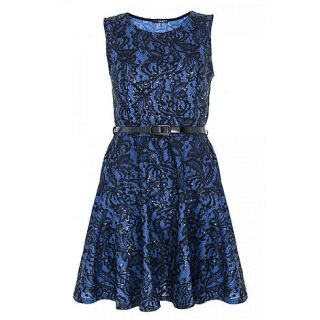 Quiz Royal Blue And Black Lace And Sequin Skater Dress