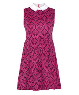Mela Pink Sleeveless Jacquard Print Contrast Collar Skater Dress