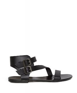 Black Leather Asymmetric Strap Double Buckle Sandals
