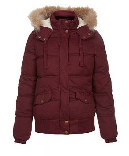Burgundy Padded Faux Fur Trim Hooded Jacket