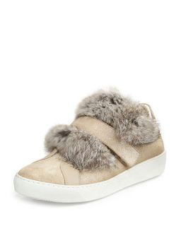 Moncler Lucie Glittered Fur Sneaker, Beige