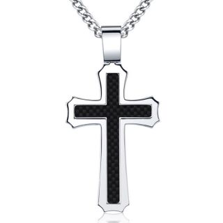 Stainless Steel Mens Layered Cross/ Carbon Fiber Necklace  