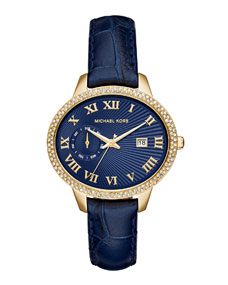 Michael Kors 41mm Whitley Leather Strap Glitz Watch, Navy