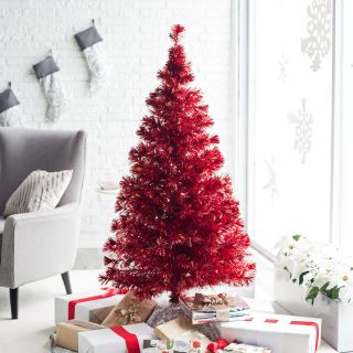 Metallic Red Medium Fiber Optic Pre lit Christmas Tree   5 ft.   Clear