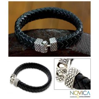 Sterling Silver Mens Virile Leather Bracelet (Indonesia