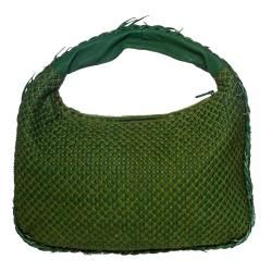 Bottega Veneta Green Leather/Textured cotton overlay Designer Hobo Bag