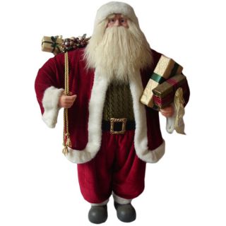 Traditional Standing Red Suit Santa Holding Presents and Gift Bag