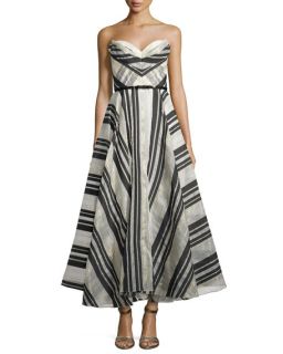 Marchesa Notte Strapless Striped Ball Gown