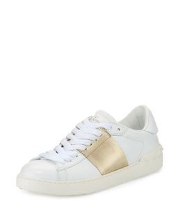 Valentino Mens Low Top Lace Up Leather Sneaker, Cream/Gold