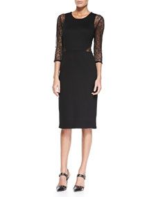 Carmen by Carmen Marc Valvo Crewneck Midi Dress W/ Lace Sleeves