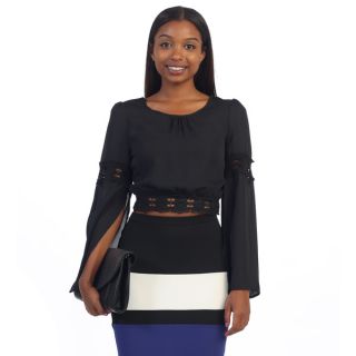 Hadari Womens Contemporary Black Open Knit Long Sleeve Blouse