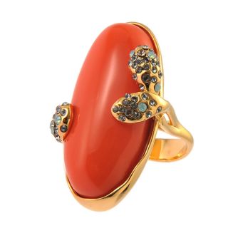 De Buman 18k Yellow Goldplated Red Coral Pacific Opal Ring