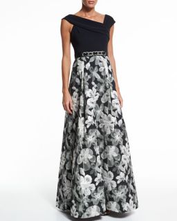 Rickie Freeman for Teri Jon Asymmetric Neck Floral Skirt Ball Gown