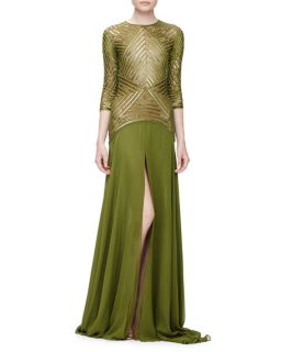 Naeem Khan 3/4 Sleeve Geometric Sequin Gown, Olive