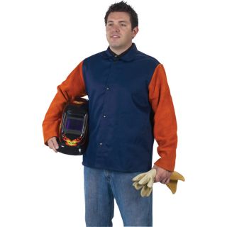 Steiner WELDLITE PLUS Welding Jacket — Flame-Retardant Cotton w/Leather Sleeves, Navy, Large, Model# 1260-L  Welding Jackets, Sleeves   Aprons