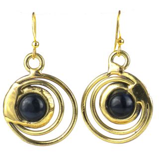 Handcrafted Concentric Dark Blue Tiger Eye Brass Earrings (South