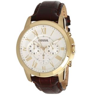 Fossil Mens Grant Goldtone Leather Strap Watch  