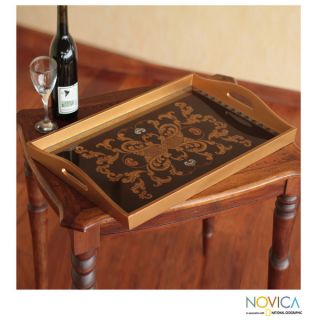 Handcrafted Reverse Painted Glass Colonial Ebony Tray (Peru)