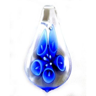 Murano Inspired Glass Clear and Blue Lily Flower Tear Drop Pendant