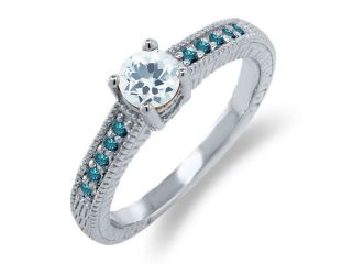 0.62 Ct Round Sky Blue Aquamarine Blue Diamond 14K White Gold Engagement Ring
