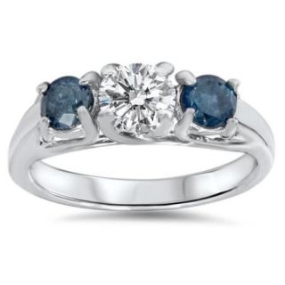14k White Gold 1ct White and Blue Diamond 3 stone Engagement Ring (H I, I1 I2) Size 4