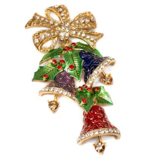 Sweet Romance Bronzetone Enamel Bells Christmas Pin